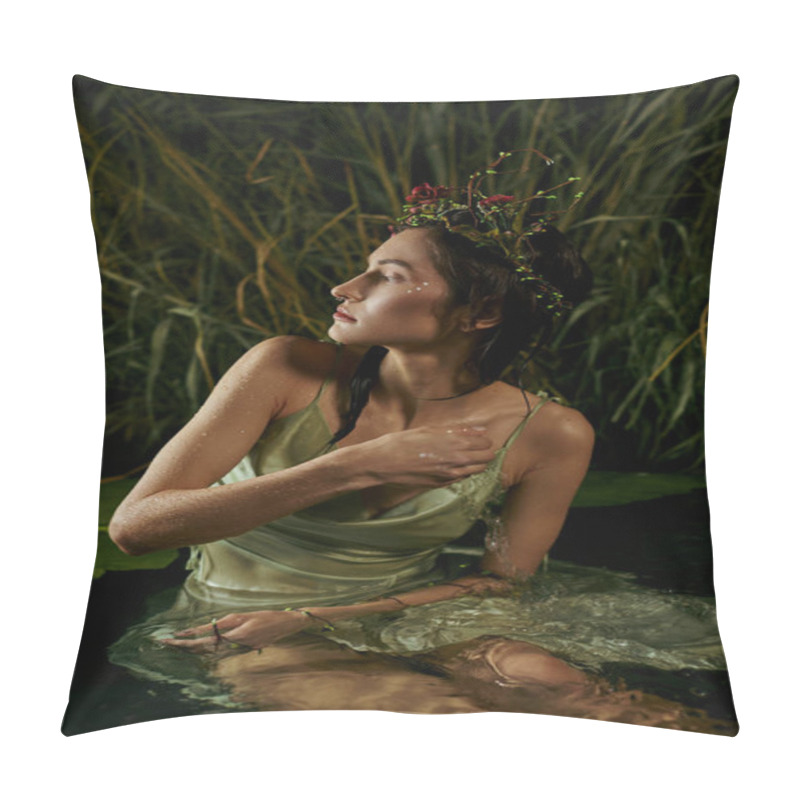 Personality  An Attractive Woman, Wearing A Floral Crown, Sits In A Swamp, Gazing At The Twilight Sky. Pillow Covers