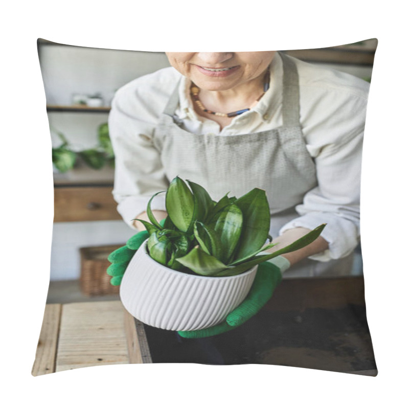 Personality  A Woman Lovingly Tends To Her Thriving Plants In Her Sunlit Studio. Pillow Covers