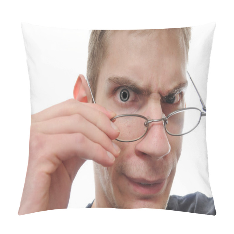 Personality  A Curious White Nerdy Male Takes Down His Glasses To Closely Inspect, Examine And Study His Investigation. Pillow Covers