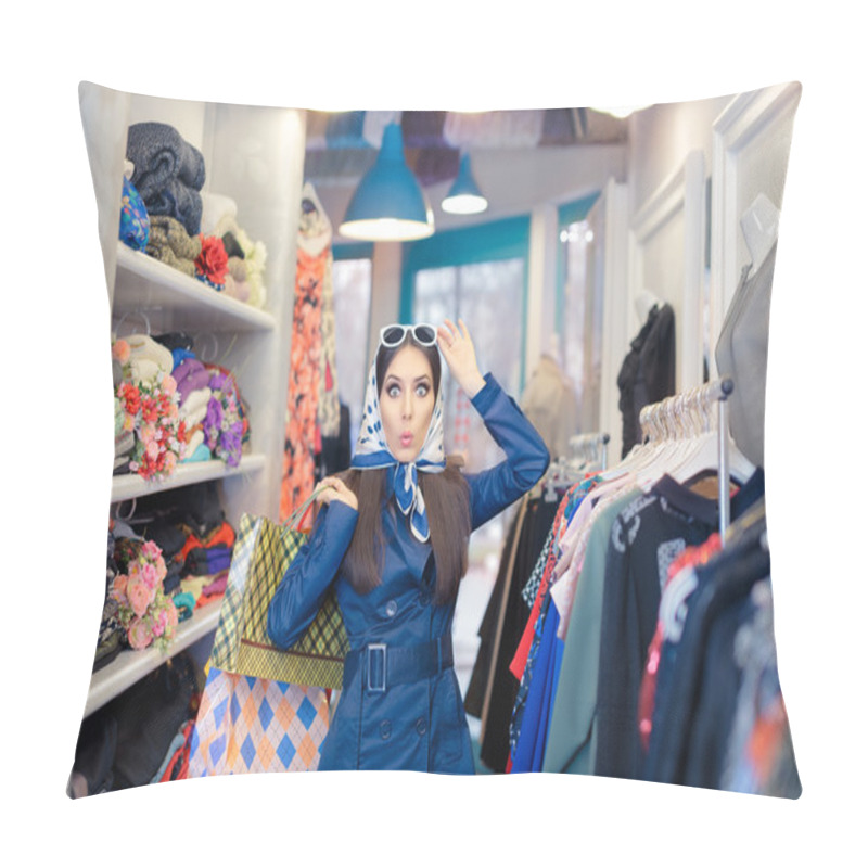 Personality  Curious Girl In Blue Trench Coat And Sunglasses Shopping Pillow Covers