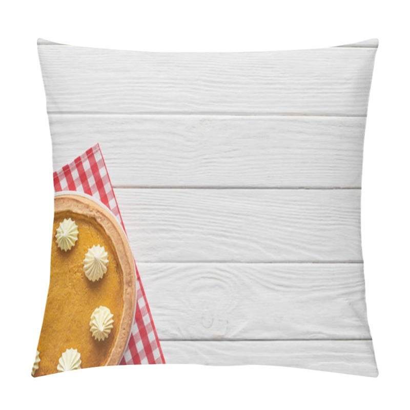 Personality  Tasty Pumpkin Pie With Whipped Cream On Checkered Napkin On White Wooden Surface Pillow Covers