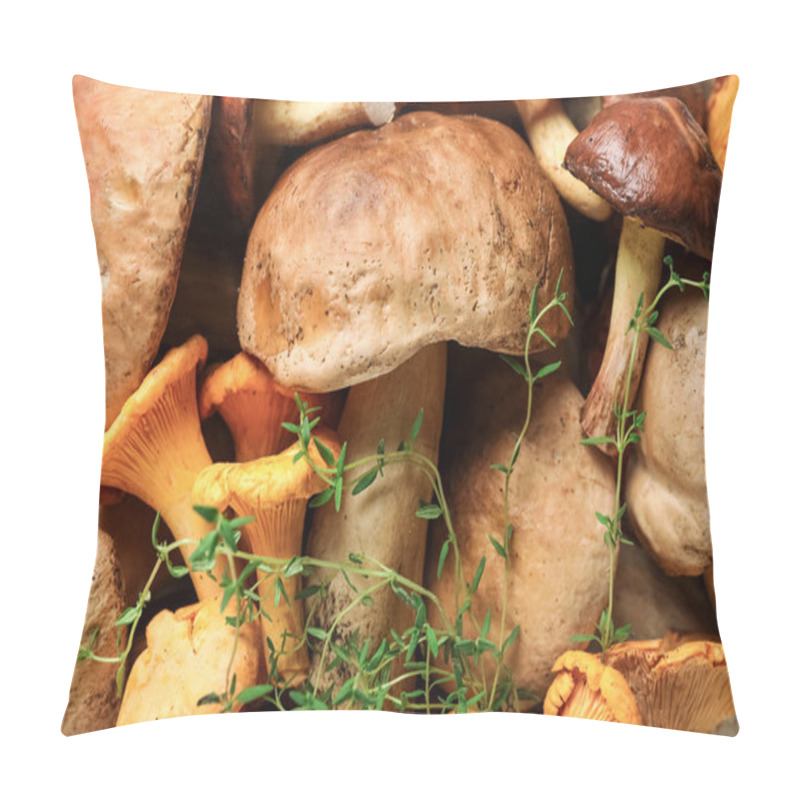 Personality  Different Fresh Wild Mushrooms As Background, Top View Pillow Covers