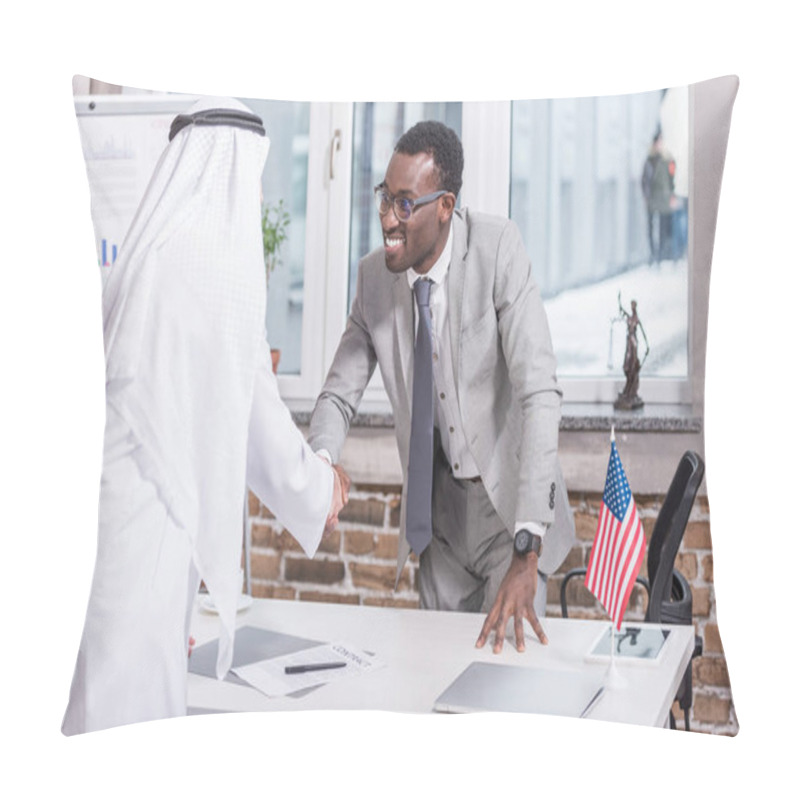 Personality  African American Businessman Shaking Hands With Arabic Partner In Office  Pillow Covers