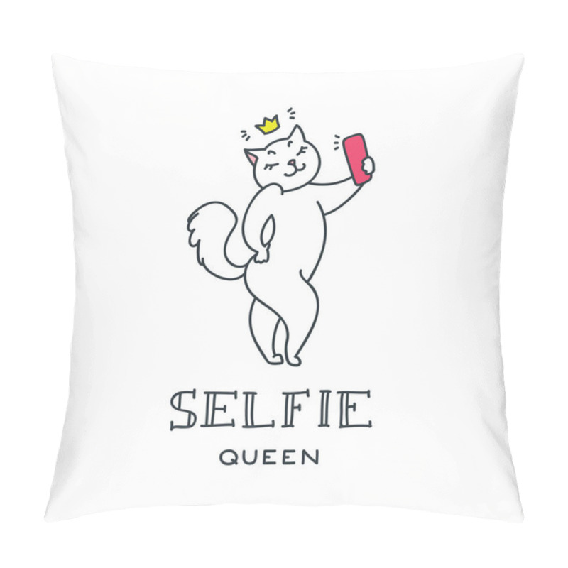 Personality  Selfie Queen. Pretty White Cat Making Selfie Photo. Doodle Vector Illustration Pillow Covers