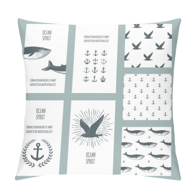 Personality  Set Of Nautical Greeting Cards And Seamless Patterns. Whales, Anchors And Seagulls Symbols. Vector. Pillow Covers