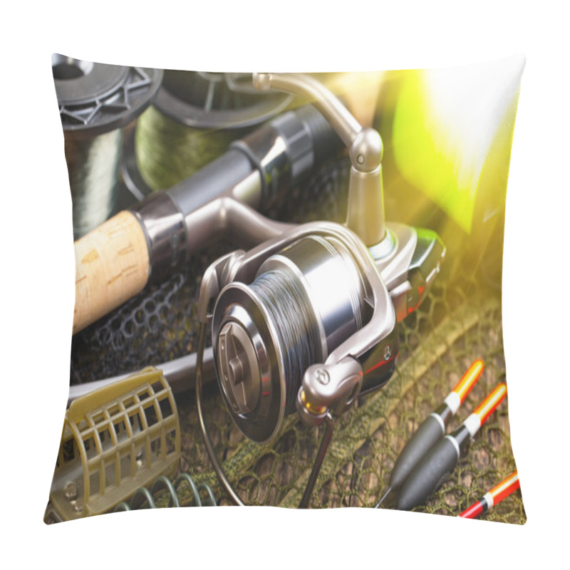 Personality  Fishing Tackle On A Wooden Table Pillow Covers