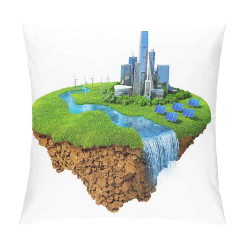 Personality  Eco City Concept. Cityscape On A Lawn With River, Waterfall. Fancy Island In The Air Isolated. Detailed Ground In The Base. Concept Of Success And Happiness, Idyllic Modern Harmony Lifestyle. Pillow Covers