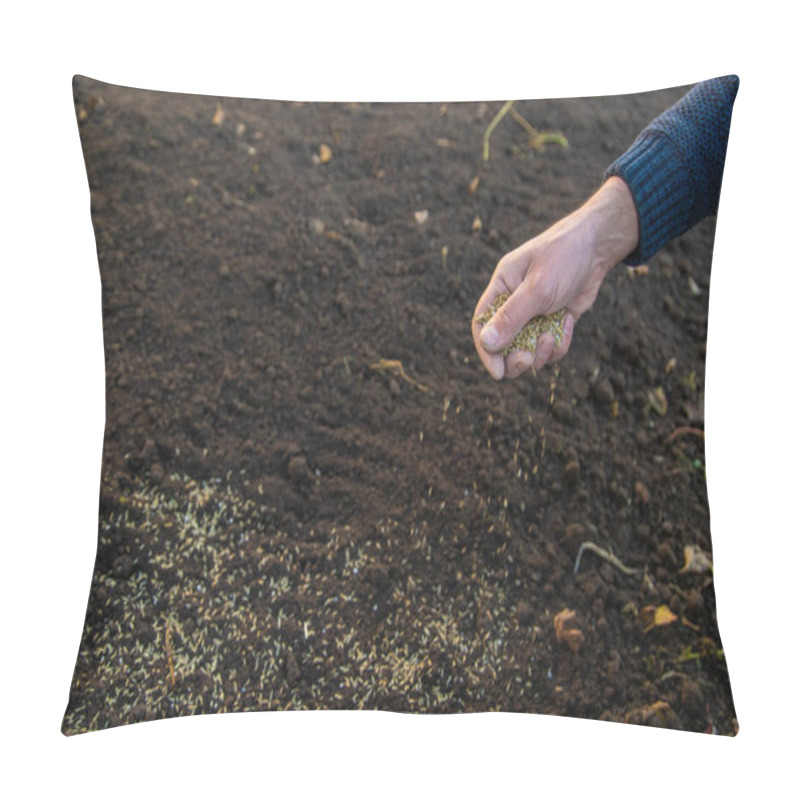 Personality  Male Gardener Sows Lawn Grass. Selective Focus. Nature. Pillow Covers