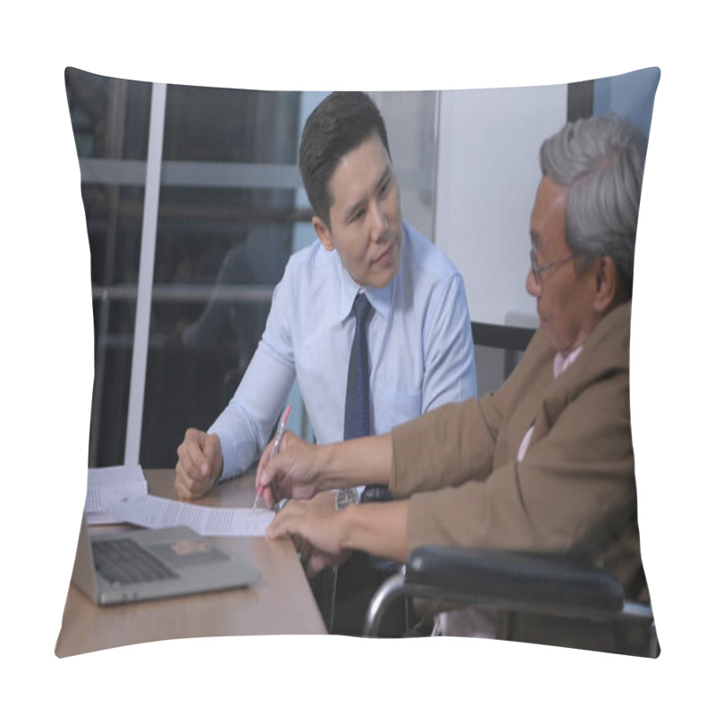 Personality  Business Concepts. An Old Man Is Signing A Document Accepting Bu Pillow Covers