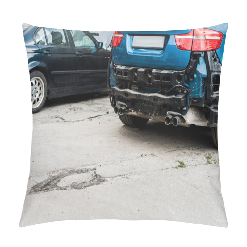 Personality  Crashed Blue Car After Car Accident Near Modern Automobile  Pillow Covers