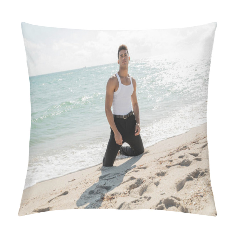 Personality  Young Cuban Man In Stylish Clothes Posing On Coast Sand Near Ocean And In Miami South Beach, Florida Pillow Covers