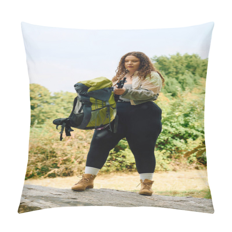 Personality  A Confident Plus Size Woman Stands Amid Lush Greenery, Getting Ready For An Outdoor Adventure. Pillow Covers