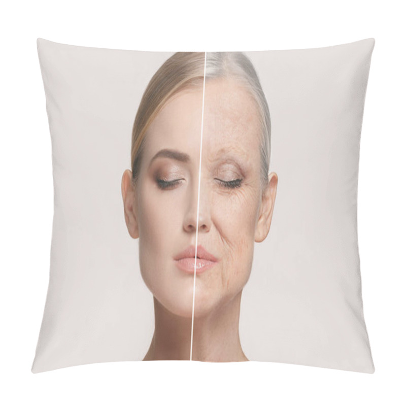 Personality  Comparison. Portrait Of Beautiful Woman With Problem And Clean Skin, Aging And Youth Concept, Beauty Treatment Pillow Covers