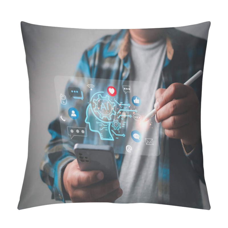 Personality  Ai Technology, Artificial Intelligence. Man Chatting Technology Smart Robot Chat With AI, Artificial Intelligence Chatbot Application By Enter Command Prompt For Generates Something	 Pillow Covers