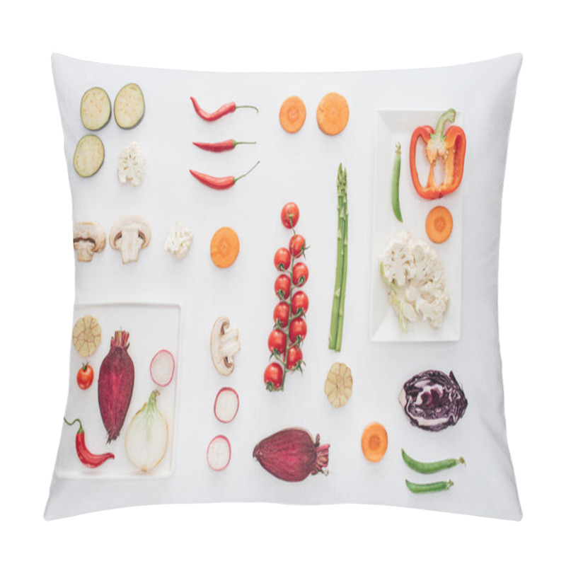 Personality  Top View Of White Plates And Fresh Sliced Organic Vegetables Isolated On White  Pillow Covers