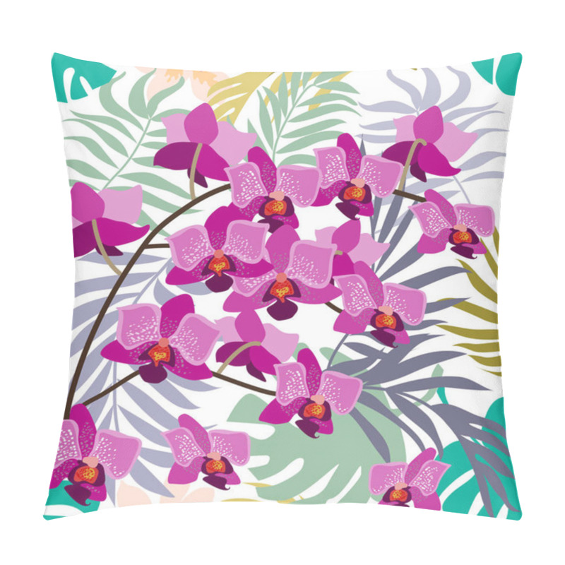 Personality  Green Tropical Background With Blooming Yellow And Purple Orchids, Ferns And Palm Leaves.  Pillow Covers