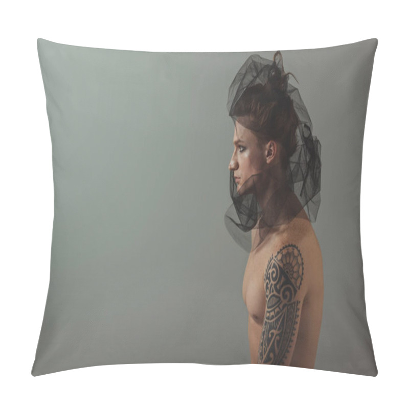 Personality  Shirtless Tattooed Man Posing With Black Net On Head For Fashion Shoot, Isolated On Grey Pillow Covers