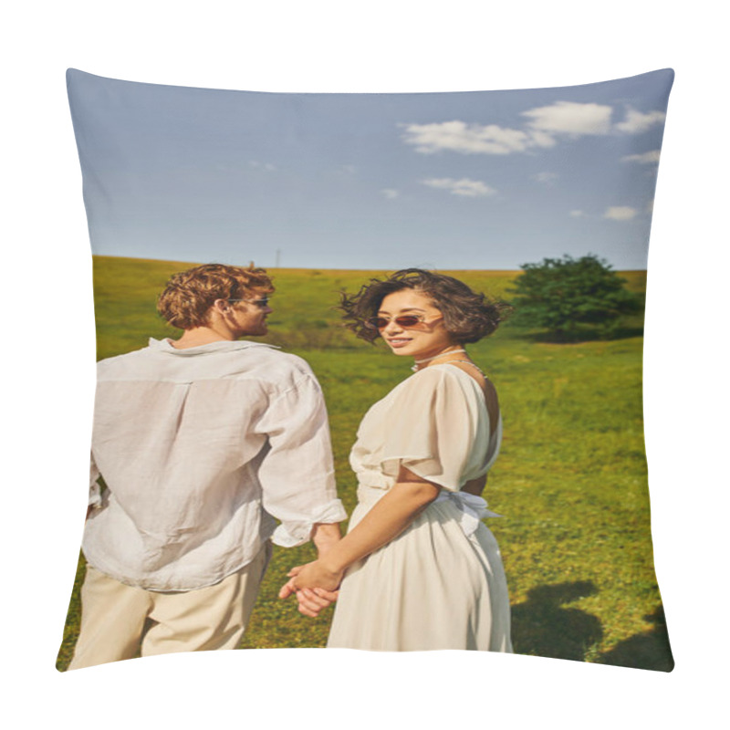 Personality  Just Married Couple, Happy Asian Bride In Wedding Dress Holding Hands With Groom In Green Field Pillow Covers