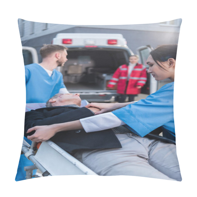 Personality  Young Paramedics Moving Wounded Man On Ambulance Stretcher  Pillow Covers