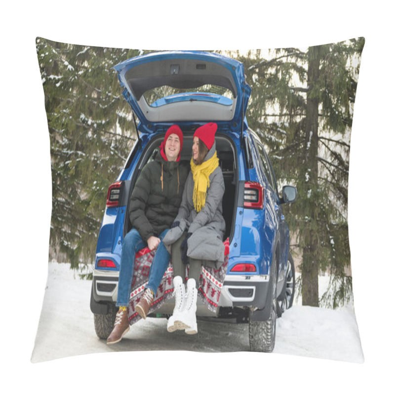 Personality  Romantic Young Hipster Couple Hugging While Sitting In Car Trunk. Love, Valentines And Holiday Concept. Kiss And Hug. Valentines Day Celebration And Happiness Concept Pillow Covers