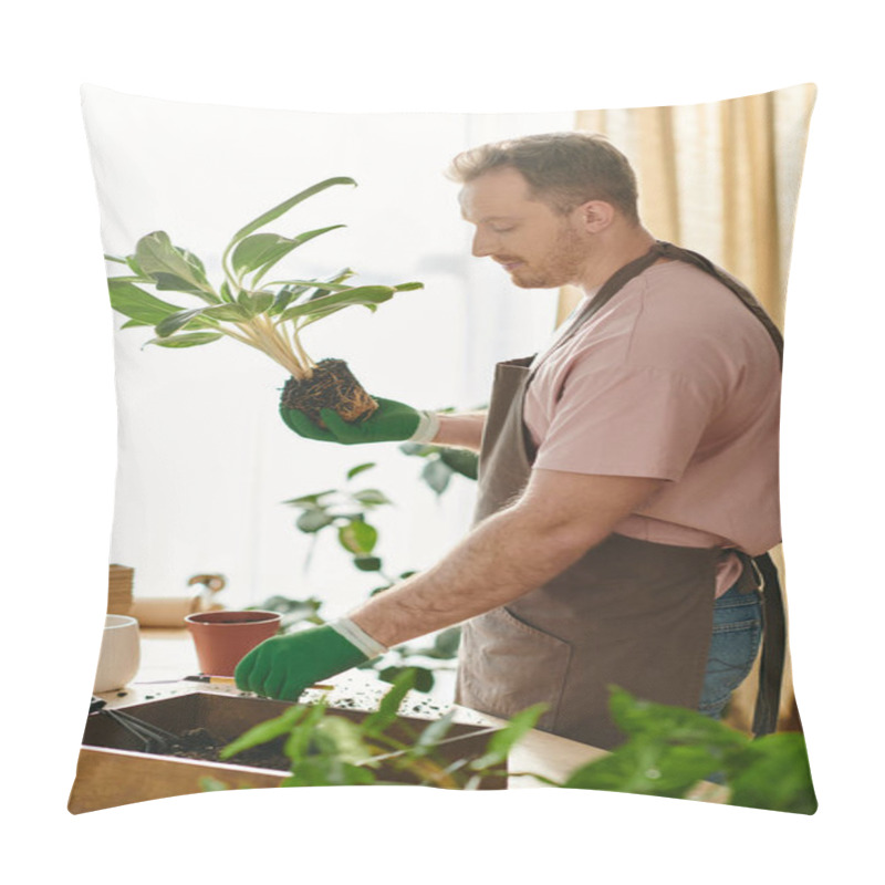 Personality  A Handsome Man With A Potted Plant In His Hands, Showcasing His Passion For Plants And Nature In His Small Florist Shop. Pillow Covers