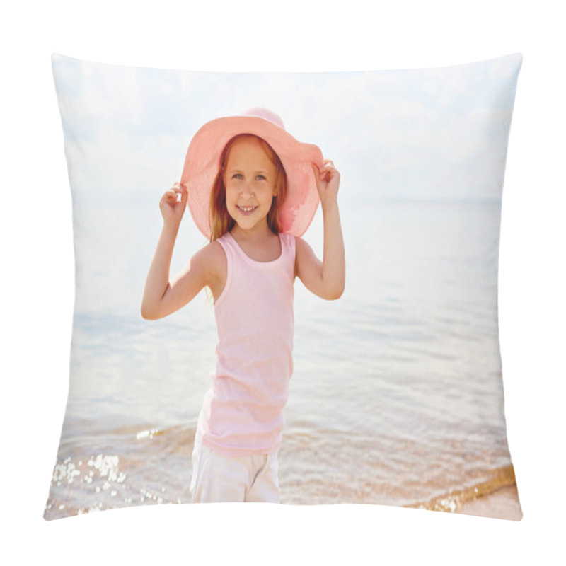 Personality  Little Girls In Beautiful Hat Standing By Waterside And Posing For Camera On Hot Summer Day During Vacation Pillow Covers