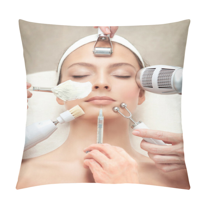 Personality  Spa Series: Young Beautiful Woman Having Various Facial Treatmen Pillow Covers