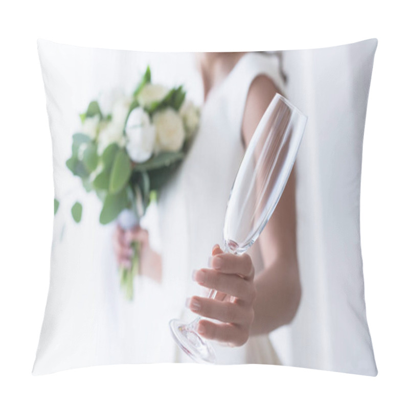 Personality  Selective Focus Of Bride With Wedding Bouquet Holding Empty Champagne Glass Pillow Covers