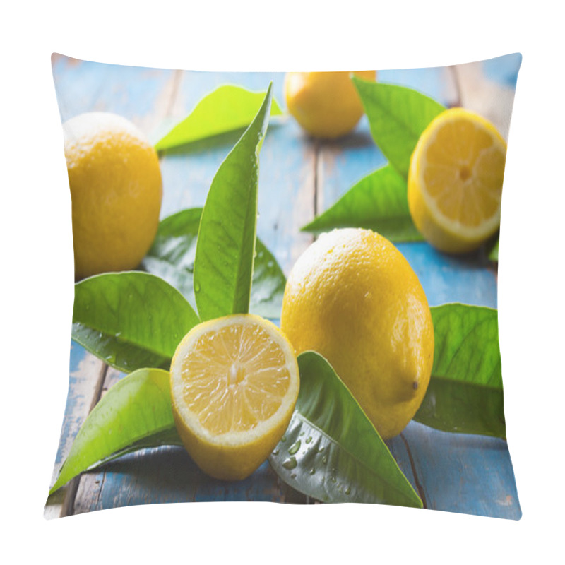 Personality  Fresh Lemons With Leaves On Wooden Old Blue Background Pillow Covers