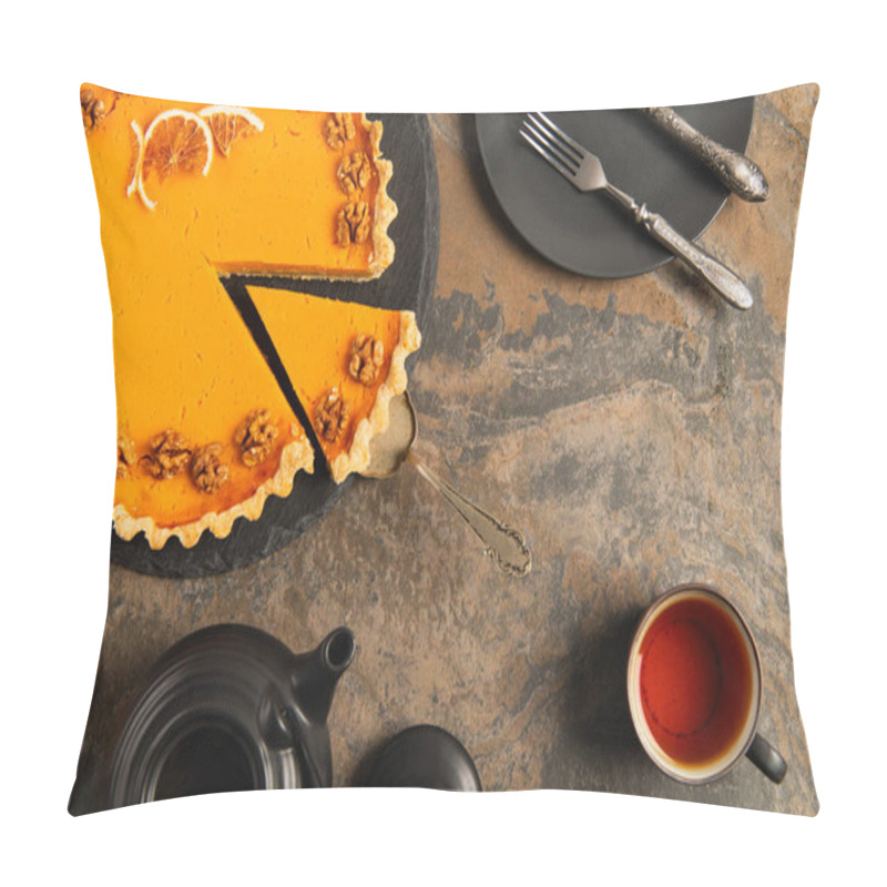 Personality  Thanksgiving Pumpkin Pie Near Cup Of Tea And Black Tableware With Vintage Cutlery On Stone Surface Pillow Covers