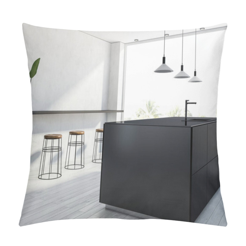 Personality  Panoramic Kitchen Interior With A White Wooden Floor, Black Counters, A Bar With Stools And Stylish Ceiling Lamps. Side View 3d Rendering Pillow Covers