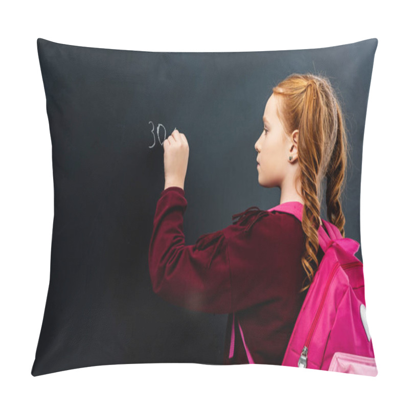 Personality  Schoolgirl With Pink Backpack Writing On Blackboard With Chalk Pillow Covers