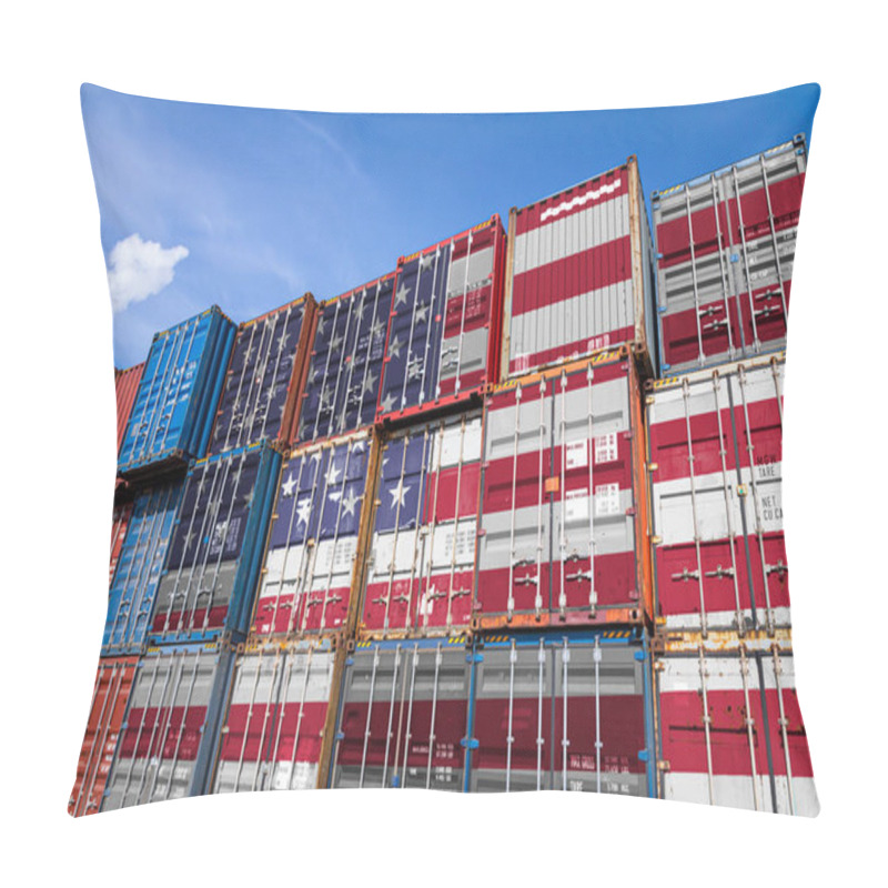 Personality  The National Flag Of USA On A Large Number Of Metal Containers For Storing Goods Stacked In Rows On Top Of Each Other. Conception Of Storage Of Goods By Importers, Exporters Pillow Covers