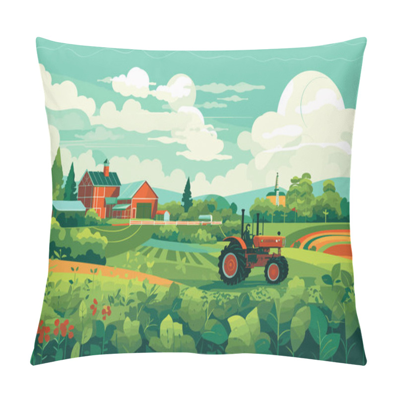 Personality  Agriculture, Tractors And Harvester Working In The Field, Harvesting, Sunny Day, Vector Flat Illustration. Pillow Covers