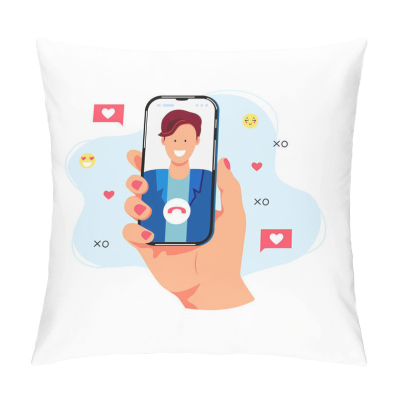 Personality  Hand Is Holding Smartphone With Smiling Male Person On Screen. Video Call Concept. Flat Cartoon Style Design. Vector Illustration. Pillow Covers