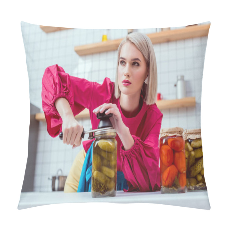 Personality  Selective Focus Of Beautiful Fashionable Housewife Sealing Jar Of Pickled Cucumbers In Kitchen  Pillow Covers