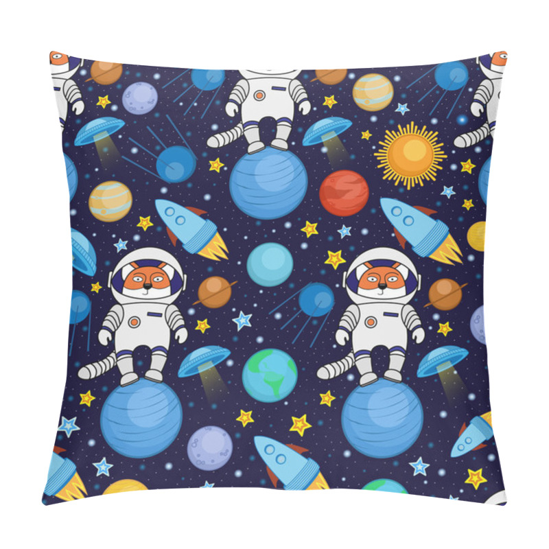 Personality  Seamless Cartoon Space Pattern - Fox Astronaut, Spaceship, Planets, Satellites Pillow Covers