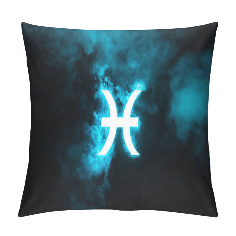 Personality  Blue Illuminated Pisces Zodiac Sign With Smoke On Background Pillow Covers