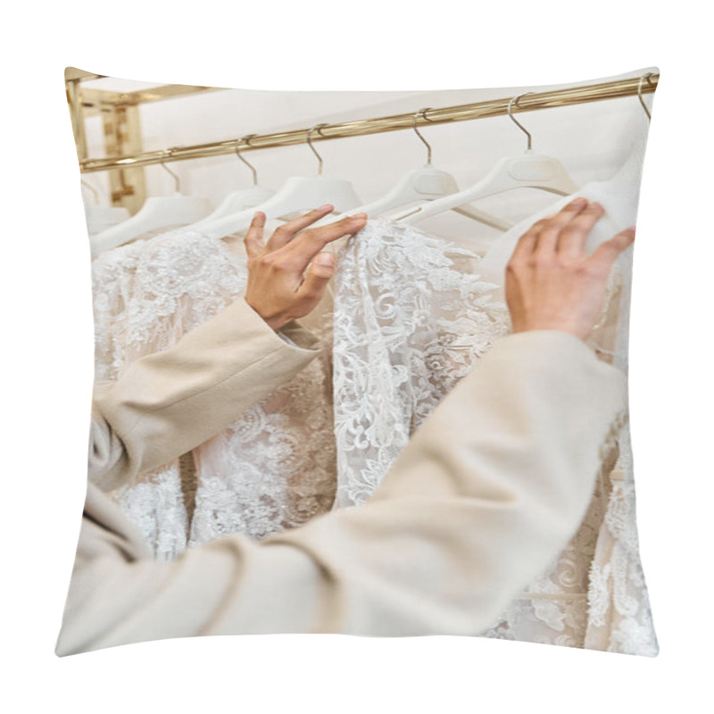 Personality  A Young, Beautiful Bride Tries On A Stunning White Wedding Dress In A Boutique. Pillow Covers