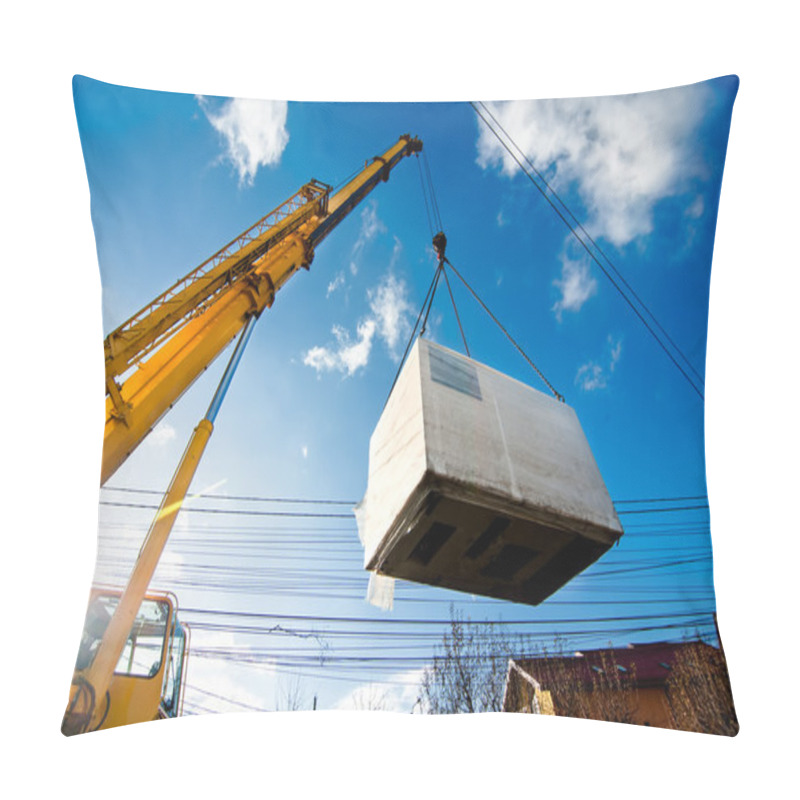 Personality  Industrial Crane Operating And Lifting An Electric Generator Against Sunlight And Blue Sky Pillow Covers