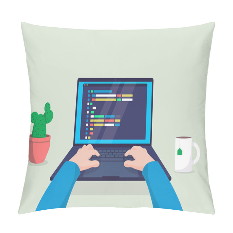 Personality  Man Programmer Working On Computer With Code On Screen Illustration. Pillow Covers