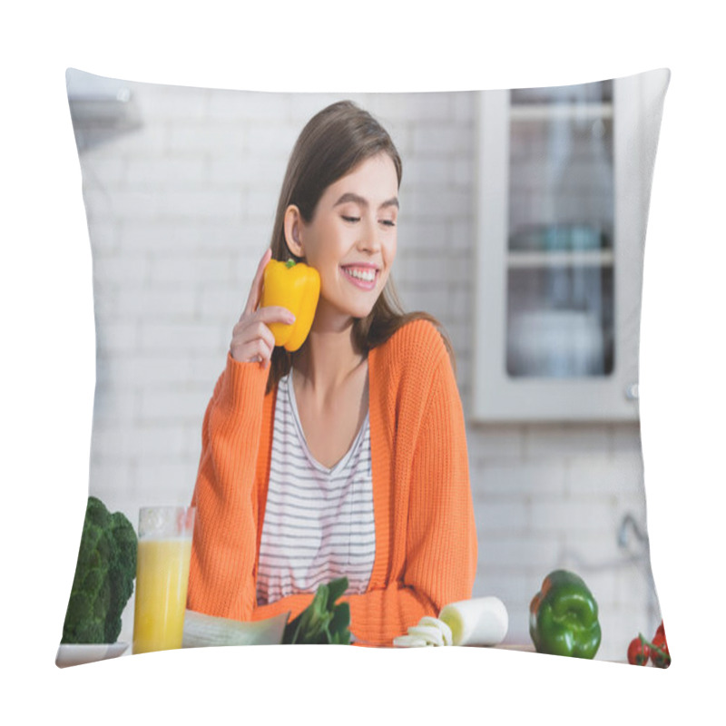 Personality  Happy Woman Holding Bell Pepper Near Fresh Vegetables And Glass Of Juice Pillow Covers