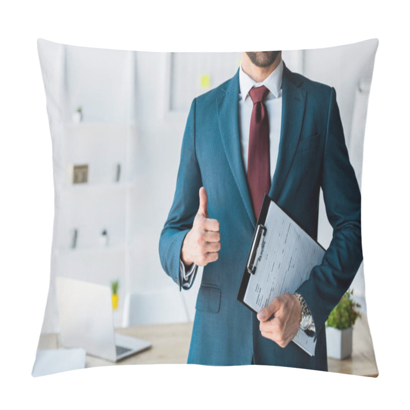 Personality  Cropped View Of Recruiter Standing And Holding Clipboard With Resume Letters While Showing Thumb Up Pillow Covers