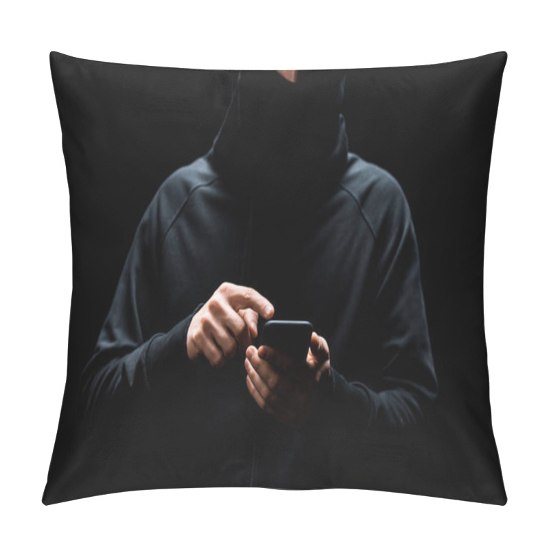 Personality  Cropped View Of Hacker Pointing With Finger At Smartphone Isolated On Black  Pillow Covers