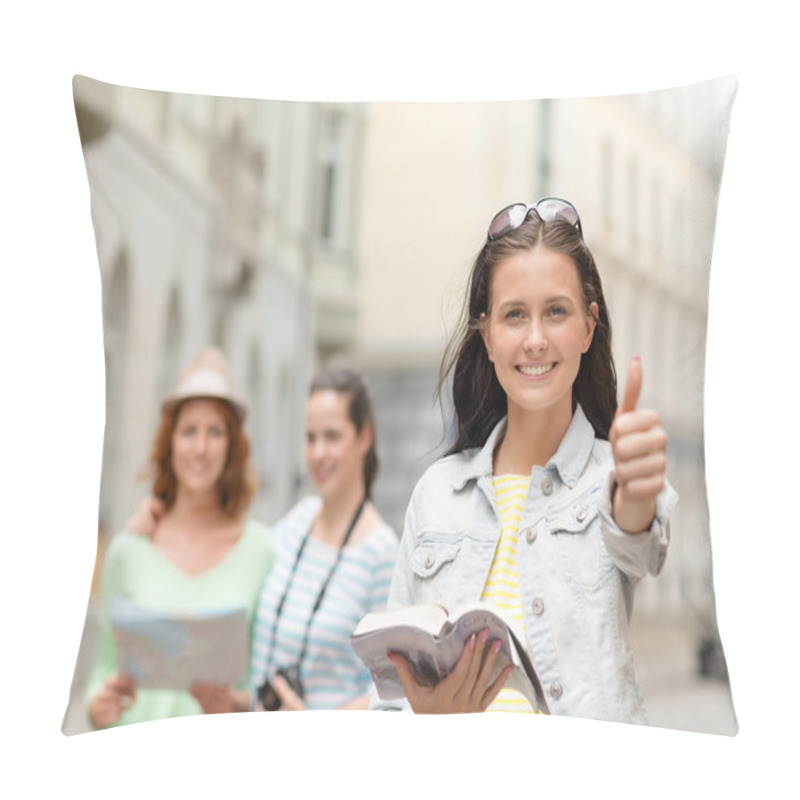 Personality  Smiling Teenage Girls With City Guide And Camera Pillow Covers