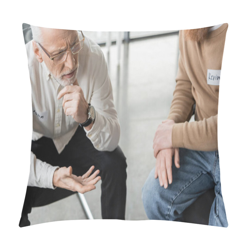 Personality  Sad Mature Man With Alcohol Addiction Sharing Problem With Group In Rehab Center  Pillow Covers