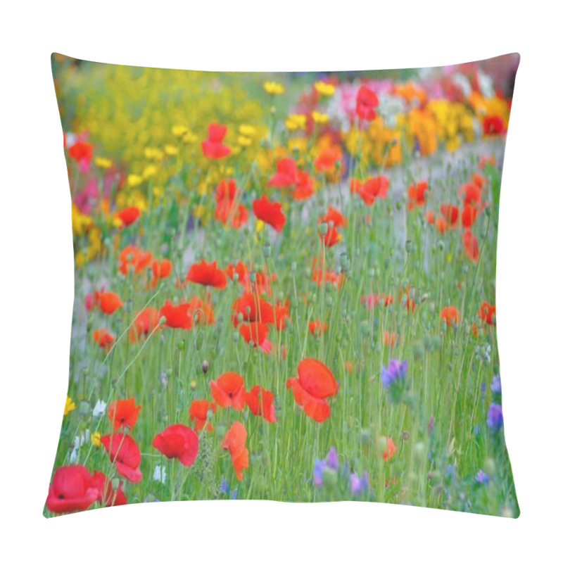 Personality  Beautiful Poppy Flowers Blooming On Green Field Pillow Covers