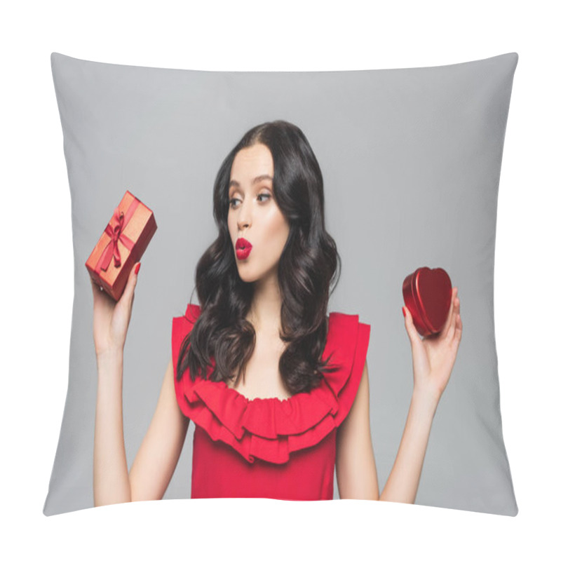 Personality  Surprised Woman With Red Lips Holding Heart-shaped Gift Box And Wrapped Present With Bow Isolated On Grey Pillow Covers