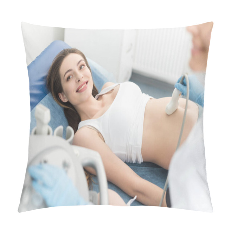 Personality  Doctor Examining Belly Of Smiling Pregnant Woman With Ultrasound Scan In Clinic Pillow Covers