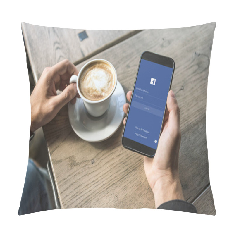 Personality  Cropped Shot Of Man With Cup Of Cappuccino Using Smartphone With Facebook App On Screen Pillow Covers